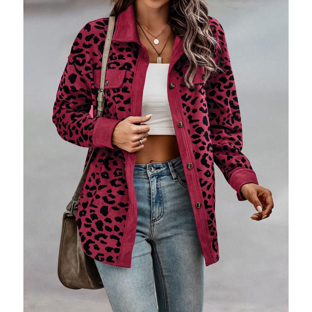 Spring and Autumn Leopard Jacket Women Corduroy Jacket Coat Women Overshirt Long Sleeve Loose Shirt Jackets for Women