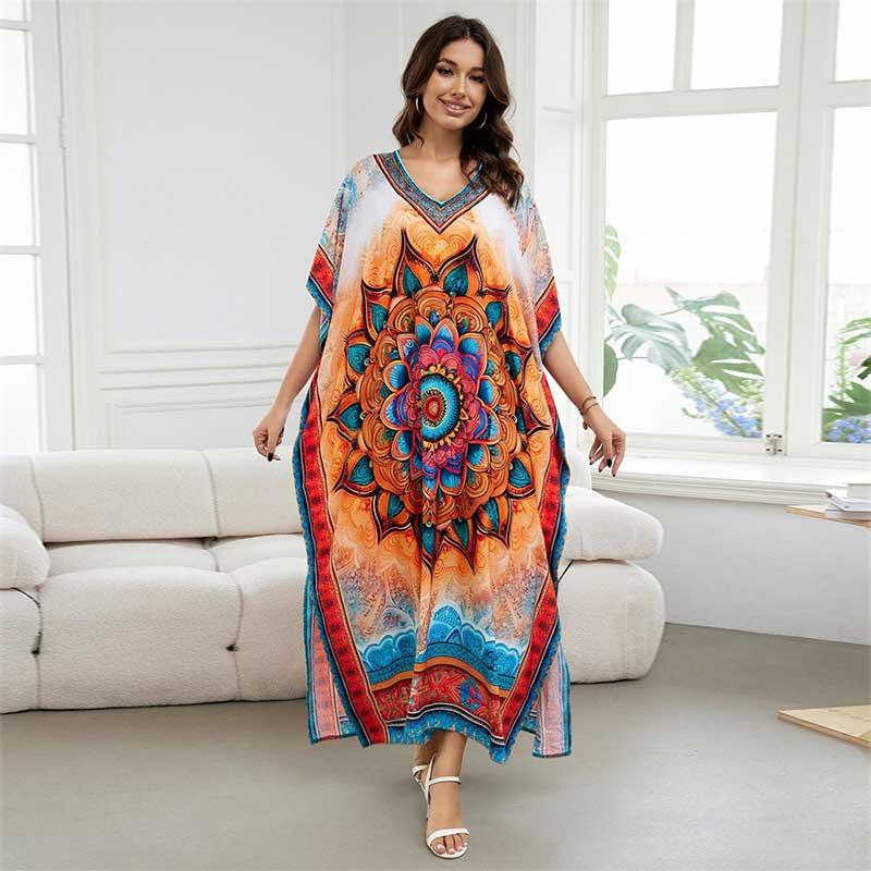 EDOLYNSA Повседневный Бохо с принтом V-образного выреза большого размера, свободное платье-кафтан, домашнее платье 2024 года, женская летняя пляжная одежда, купальник, прикрывающий свободный халат Q1594