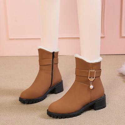 Модные Элегантные Женские Туфли на Среднем Каблуке Плюшевые Массивные Зимние Ботинки для Женщин Зимние Ботильоны с Круглым Носком Новинка 2025 Теплые Горячие Готические Ботинки