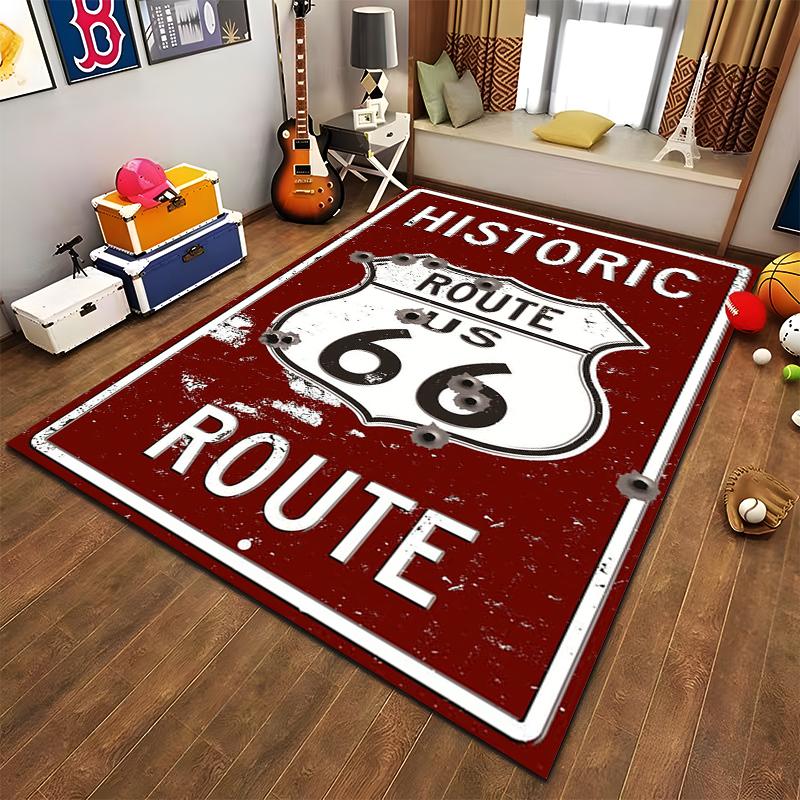 Ковер с винтажным историческим знаком Route 66 на красном фоне. Подходит для использования в качестве противоскользящего покрытия для гостиной, спальни, диванов.