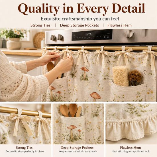 Functional Window Dressing Oven Curtain with Pockets, Dustproof Durable Polyester Hanging Drape, Dust Proof Kitchen Drapes Easy Wash Decorative Shade