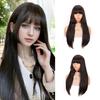 Black Synthetic Long Wig With Bangs 20 Inch Long Dark Brown Heat-Resistant Brown Wig For Women Natural Looking