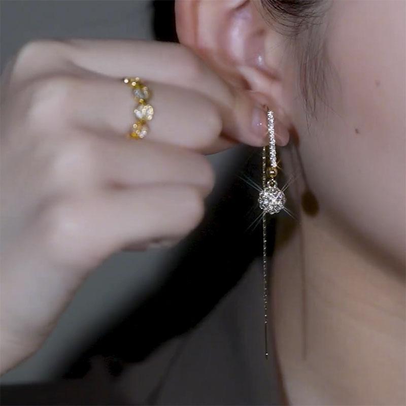 Tiktok Same Super Flash Set Diamond Ball Ear Line Женские индивидуальные крутые стильные длинные серьги High Sense Роскошные серьги Tide