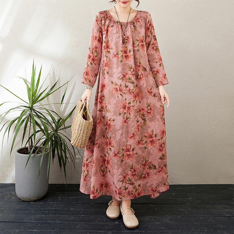 Осеннее литературное свободное платье больших размеров с круглым вырезом и длинными рукавами для весенних женщин в винтажном стиле