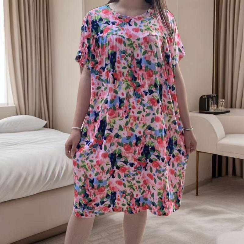 Women's Cotton Silk Mid-Length Nightgown - Summer Pajamas Plus Size Homewear for Middle-Aged and Elderly
