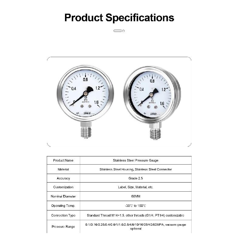 Y-60BF Stainless Steel Pressure Gauge 0.1-60MPa Vacuum Steam Vibration Resistant Dial M14x1.5 Bottom Mount for Water Oil Air