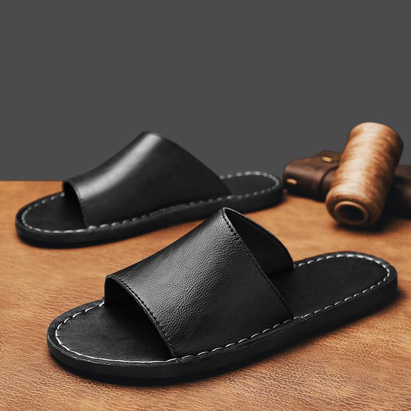 High Quality New Luxury Men's Summer Genuine Leather Slippers Cool Breathable Anti-Slip Outdoor Trendy Beach Shoes