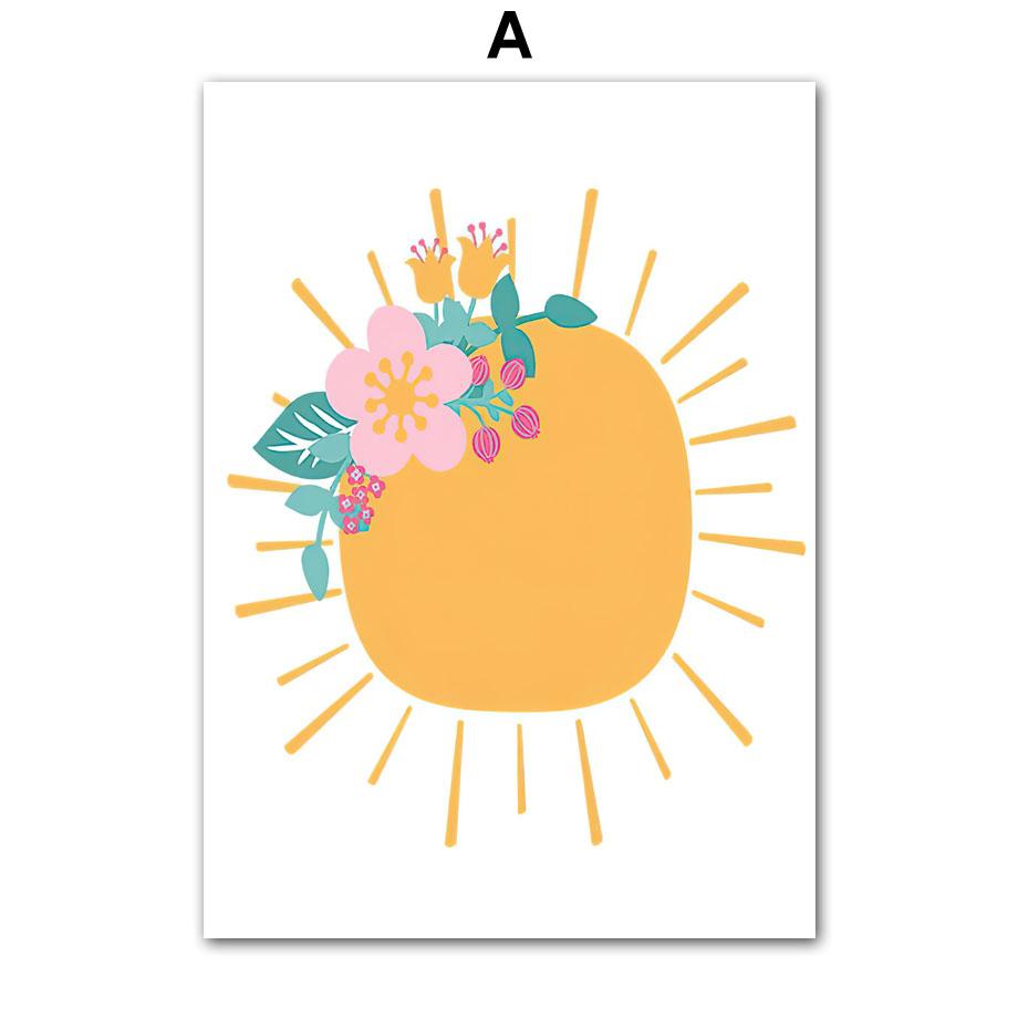 Cute Sun Rainbow Clouds Stars Flowers Nursery Wall Art Canvas Painting Cartoon Posters And Prints Pictures Baby Kids Room Decor
