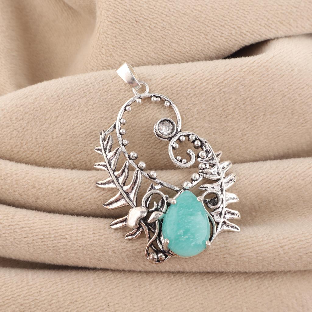 Натуральный Амазонит Драгоценный Камень 925 Стерлинговое Серебро Женские Свадебные Украшения Подвеска на Удачу 1,8" CP-42-23