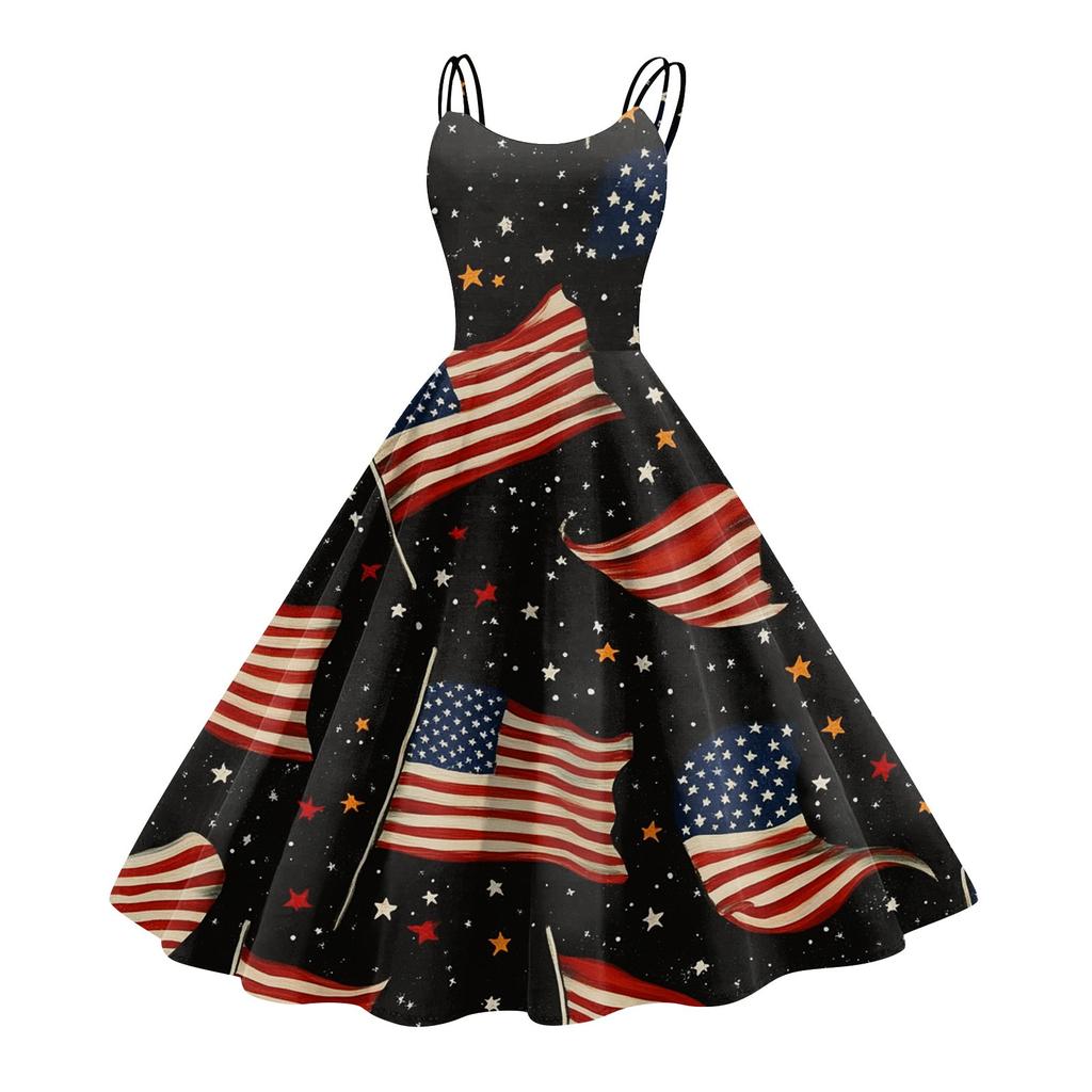 Women's Patriotic Starry Night Dress Sleeveless American Flag Design, Perfect for Celebrations & Summer Events