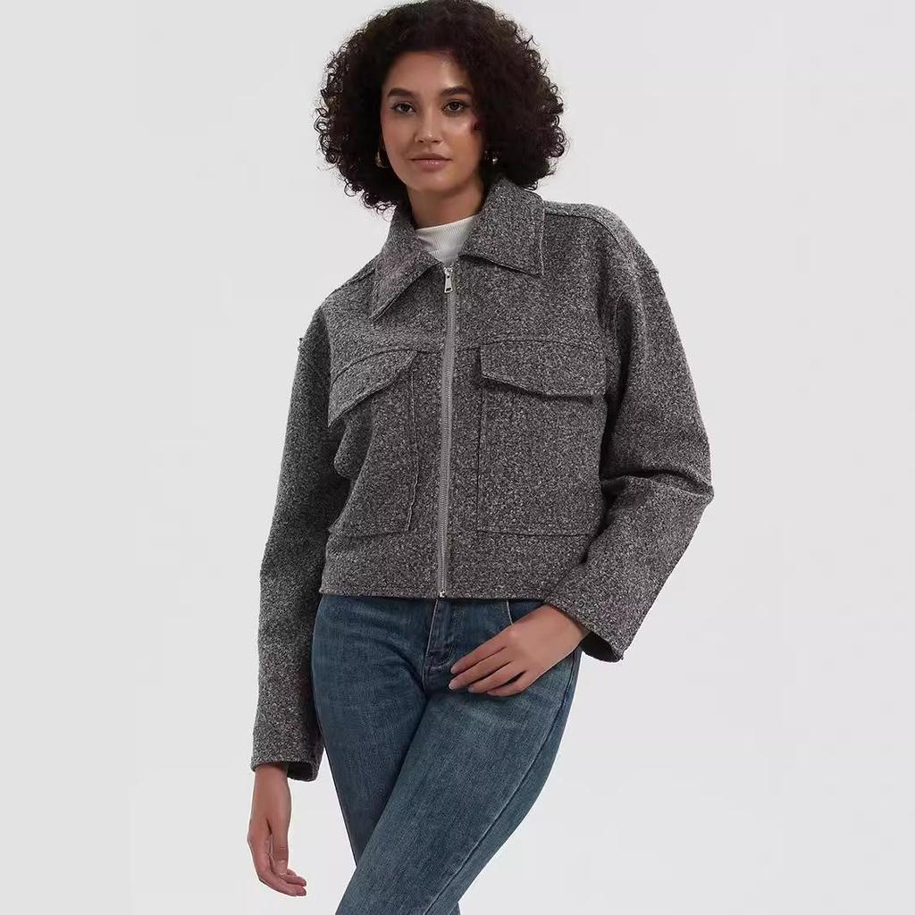 Женское пальто из серой шерсти в европейском и американском стиле с отложным воротником, большими карманами, для осени и зимы