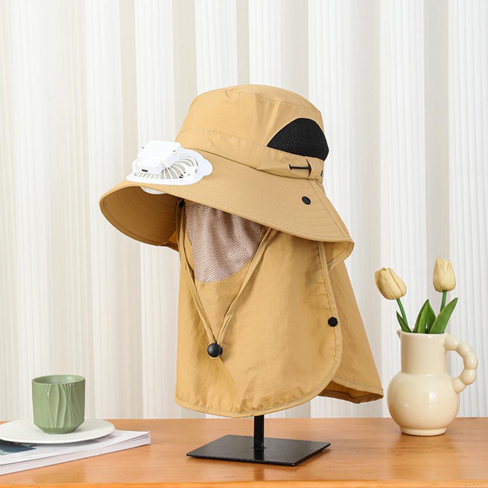 Men Solar Fan Hat with Face And Neck Cover USB Rechargeable Fan Large Brim Hollow Mesh Windproof Strap Anti-UV Sunlight Protecti