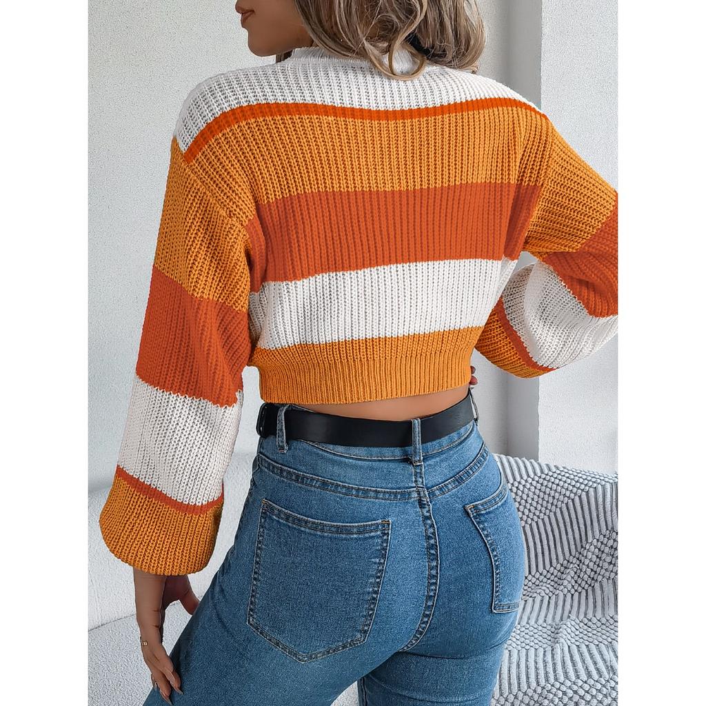 HNXC Autumn and Winter Casual Multi-color Lantern Sleeve Pullover Crop Top Women's Sweater
