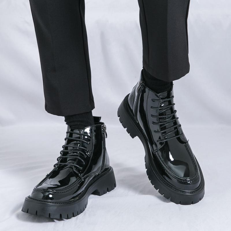 Модные мужские туфли из блестящей кожи на толстой подошве, износостойкие, на шнуровке, уличные рабочие ботинки, зимние зеленые деловые мужские ботильоны