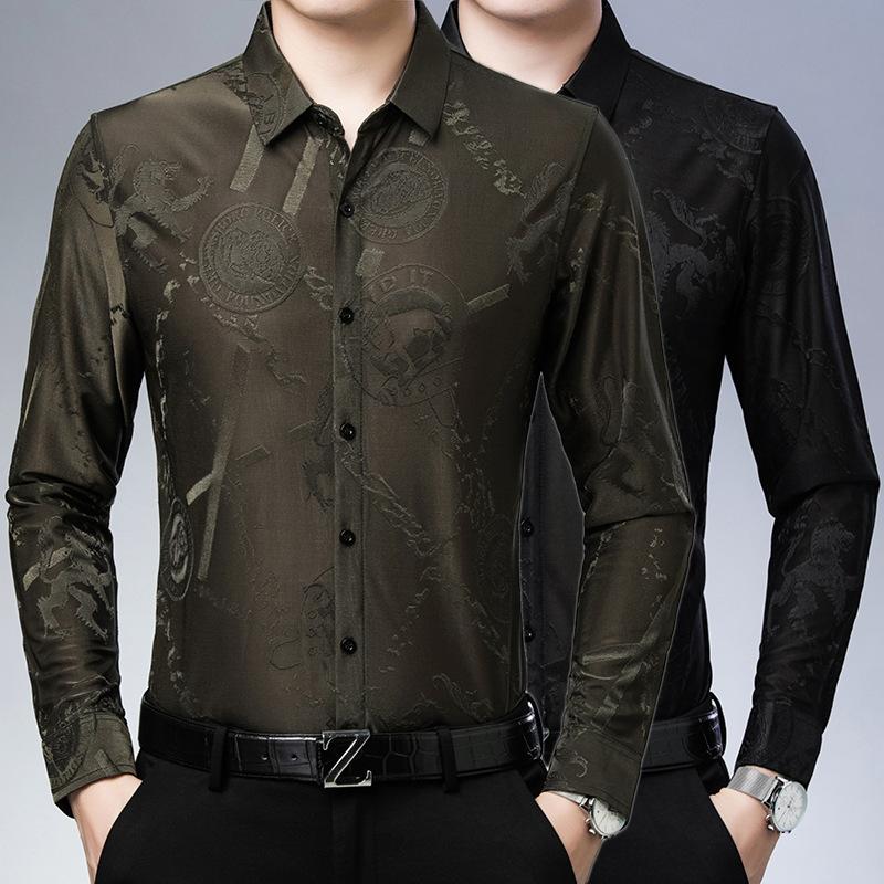 Men's Floral Long-sleeved Ice Silk Shirt, Fashionable Large Floral Shirt, Autumn Dad Wear, Casual Middle-aged Shirt for Men