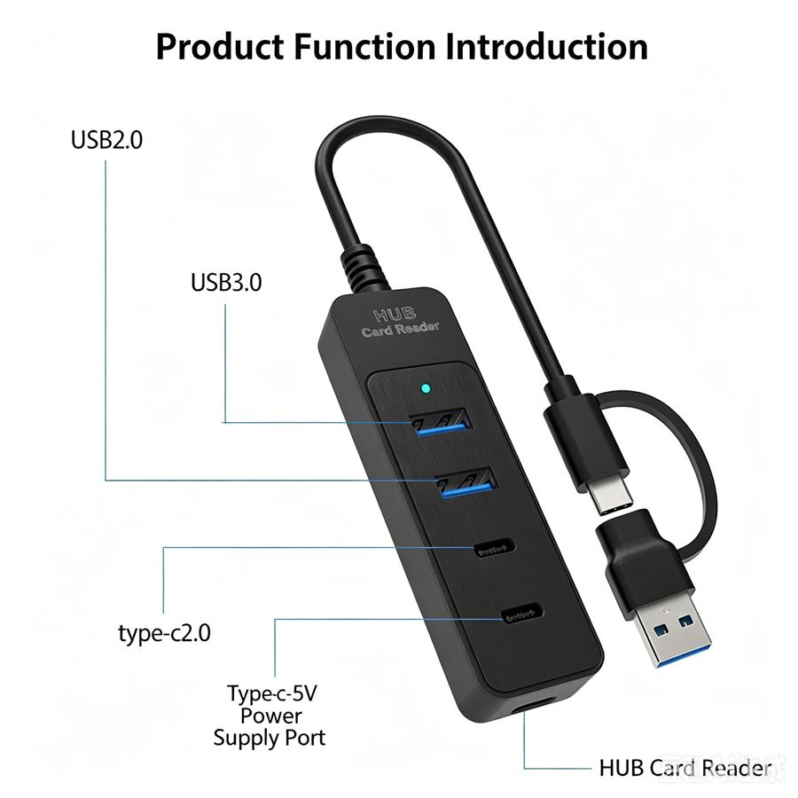 USB-концентратор 6 в 1 USB 3.0 Сетевой фильтр USB Высокоскоростной разветвитель 6 портов 5 Гбит/с Концентратор Адаптер питания Множественный расширитель Концентратор с портами Type C / слотом для карт TF и SD