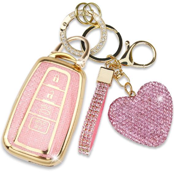 Key Fob Cover with Diamond Keychain for Toyota Car Key Shell Compatible with 2018-2024 Highlander RAV4 Camry Avalon C-HR Corolla GT86 Full Cover