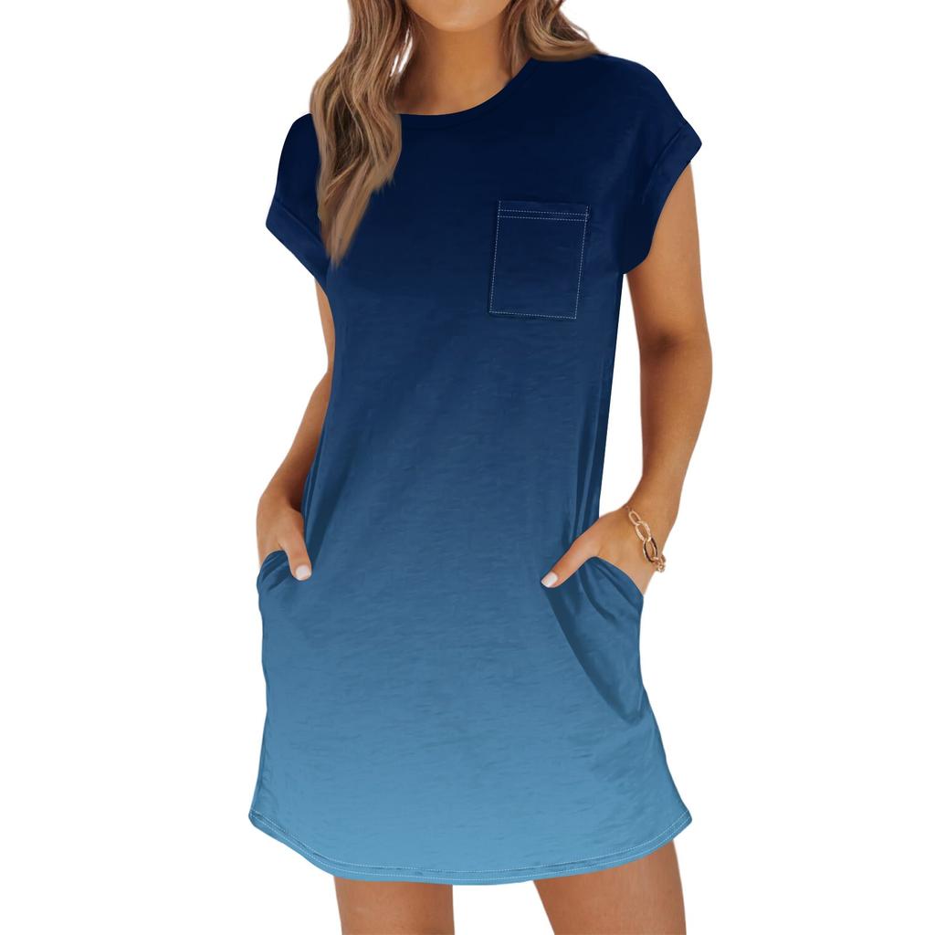 Женское модное повседневное летнее платье с градиентным принтом, коротким рукавом, круглым вырезом и карманами