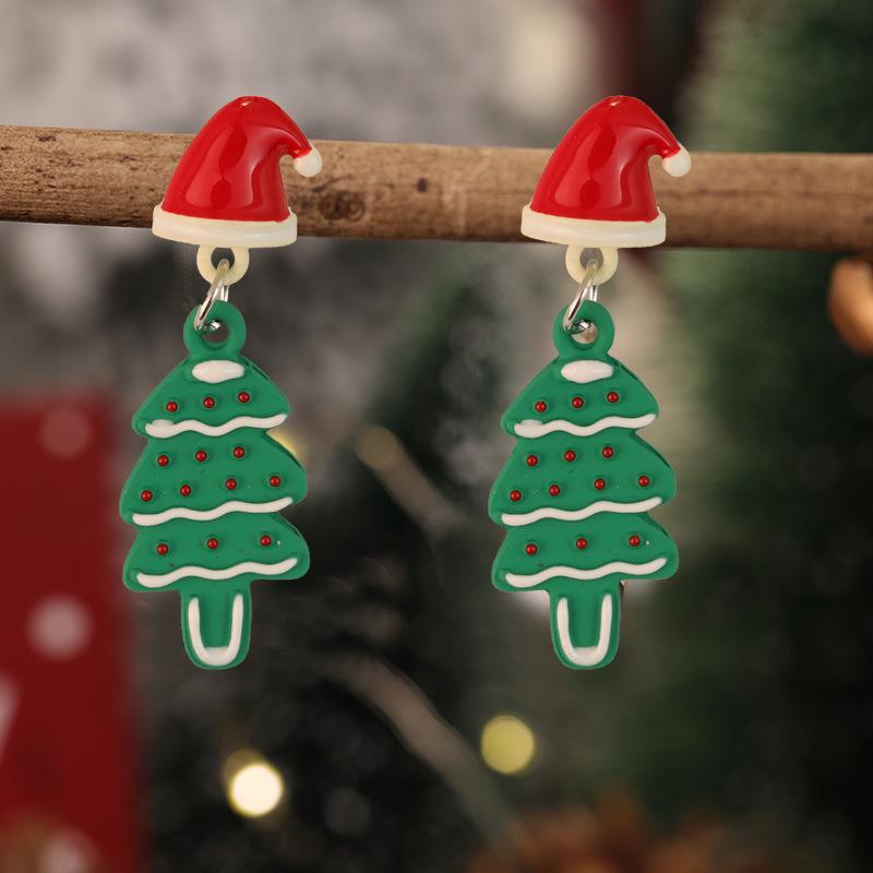 New Christmas Drip Oil Stud Earrings: Red & Green Tree, Snowman, Boots, Bells – Cute Cartoon Jewelry
