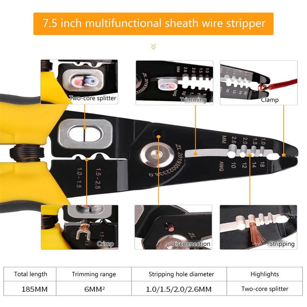 6-в-1 инструмент для зачистки проводов, многофункциональный портативный резак для острых плоскогубцев, 7,5-дюймовый резак для обжима проводов, электрический кабельный резак