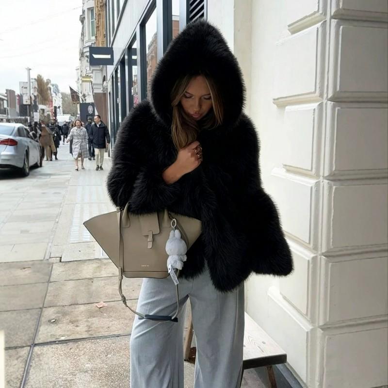 Womens Winter Faux Fur Hooded Jacket Loose Short Warm Streetwear Coat