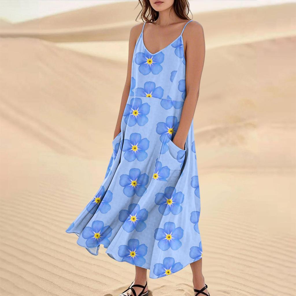 Women's Casual V Neck Floral Print Sleeveless Pocket Suspender Dress