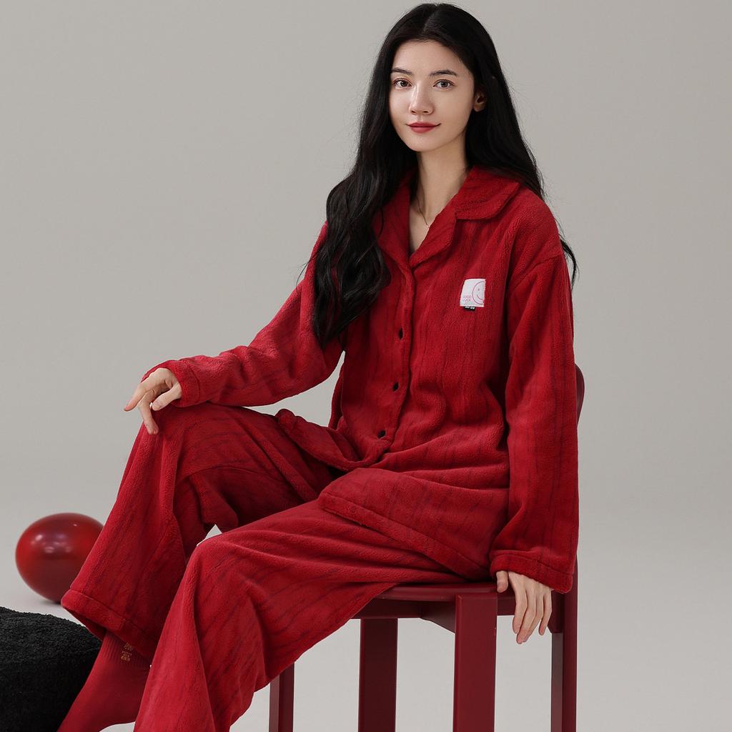 Красная свадебная пижама из кораллового флиса, костюм для пары молодоженов, осенне-зимняя утолщенная фланелевая пижама, новогодняя домашняя одежда для мужчин и женщин