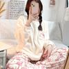 2 Pcs/Set Women Winter Pajama Set Cartoon Kitty Pattern Thick Flannel Round Neck Long Sleeves Elastic Waist Trousers Homewear Clothes Nightie