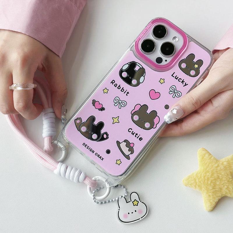 Зеркальный чехол для телефона Zhitai со шнурком для iPhone 13/14/15 Pro Max - мультяшный дизайн