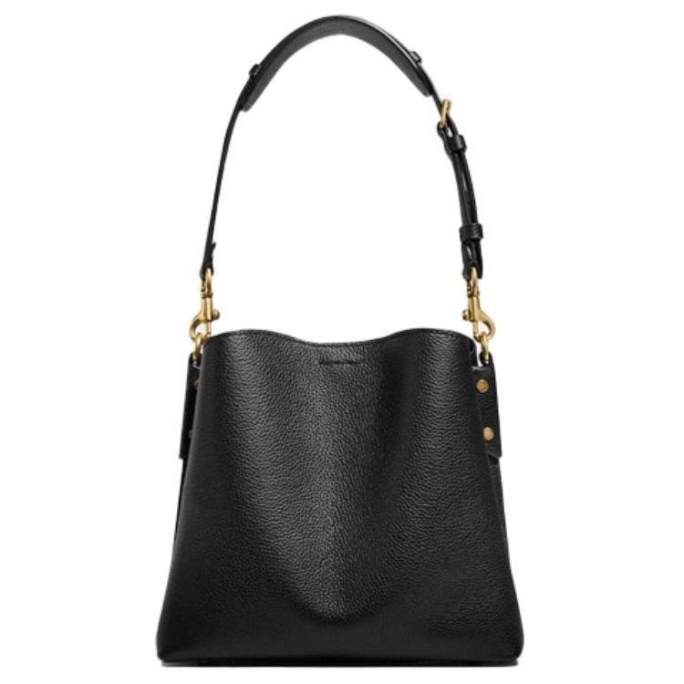 COACH Willow Polished Pebbled Leather Bucket Bag, Portable Crossbody Bag, Shoulder Bag Medium Women's Brass & Black C3916-B4BK