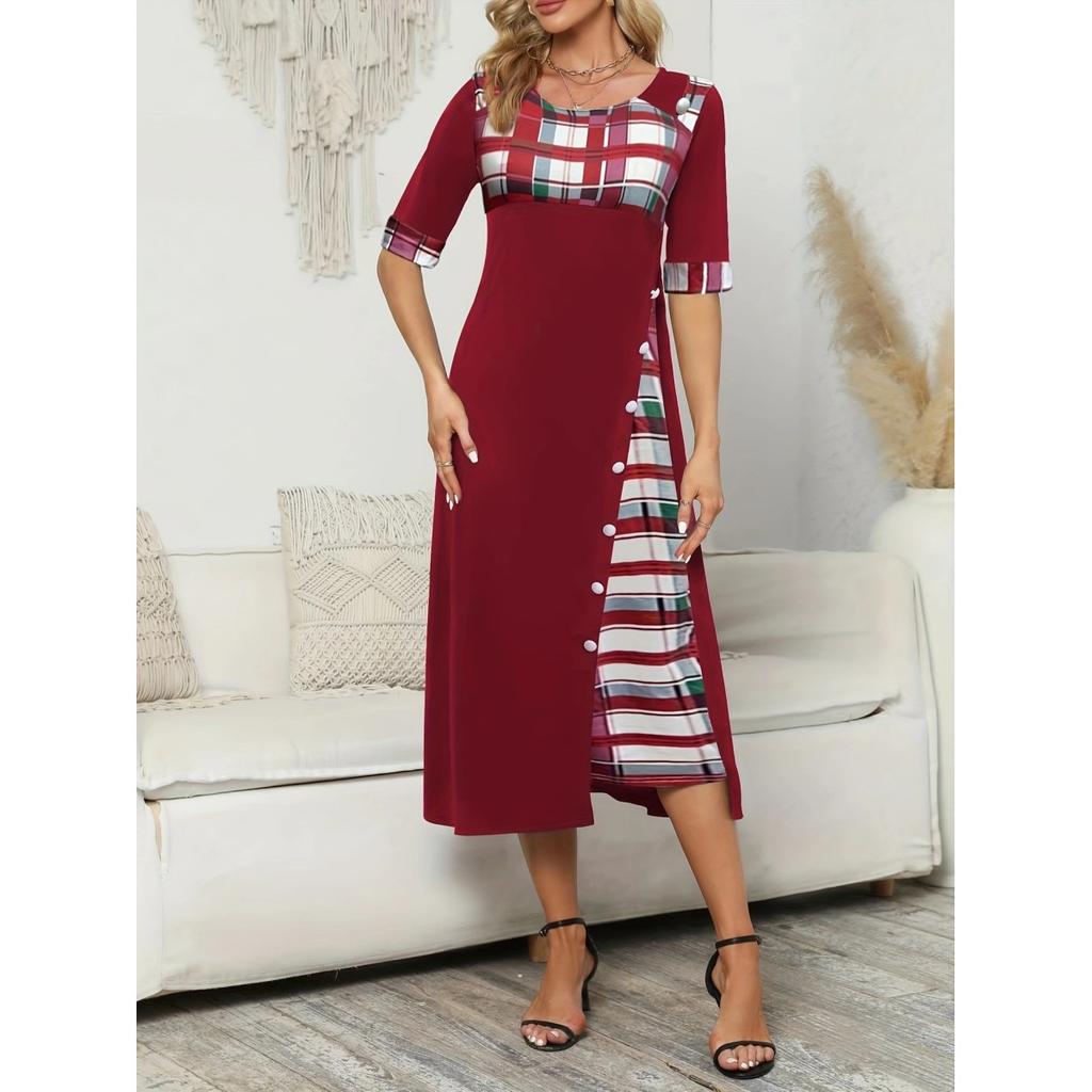 Женское винтажное длинное платье больших размеров со средним рукавом и круглым вырезом с принтом