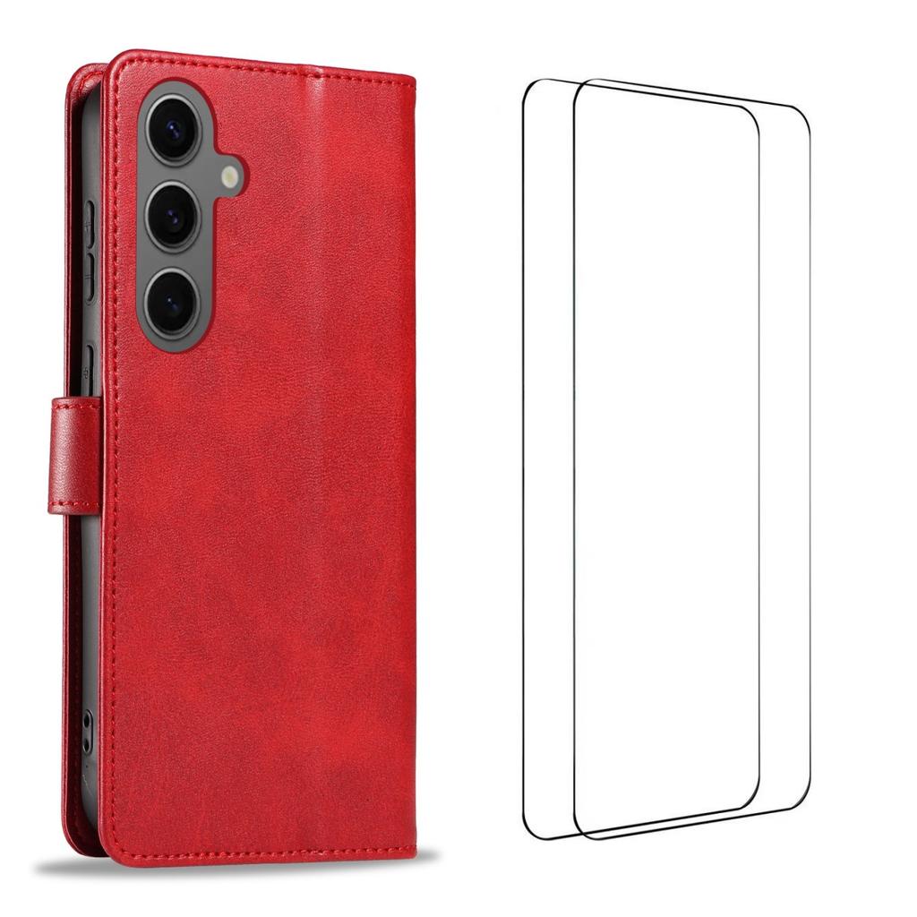 For Samsung Galaxy S24+ Case with 2Pcs Tempered Glass WANLONFENG WN Series Calf Texture Leather Phone Cover Big Cutouts