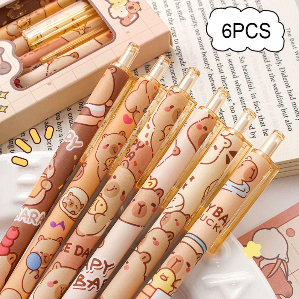 6 шт. Быстросохнущая ручка с нажимным механизмом 0,5 мм Ручка для экзаменов Милая гелевая ручка с капибарой Офис