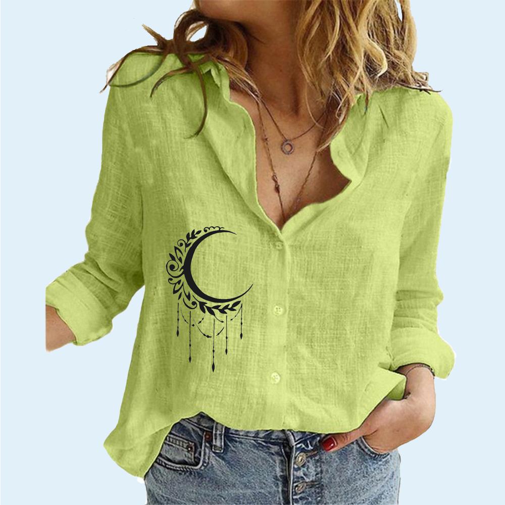 Женская модная хлопково-льняная рубашка, летний и осенний свободный топ с длинными рукавами, женские повседневные блузки на пуговицах с принтом