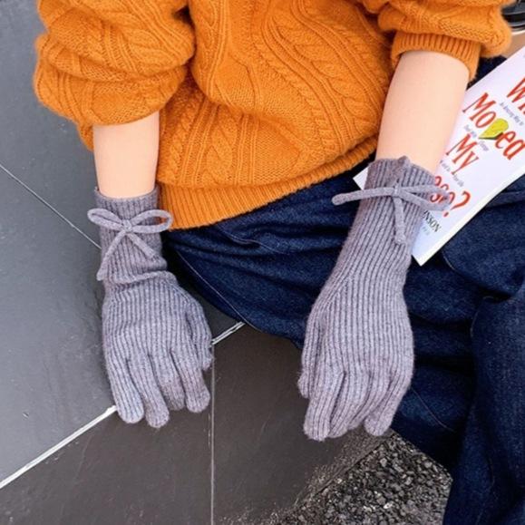 Bow knitted gloves autumn and winter riding can touch the screen to keep warm, solid color adult versatile women's new multi-color