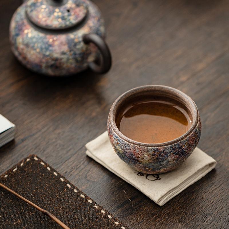 100ML Ancient Long Kiln Rock Mine Ceramic Park Cup Handmade Gold Pointing Meditation Teacup Tasting Master Tea Bowl Mug Gift Box