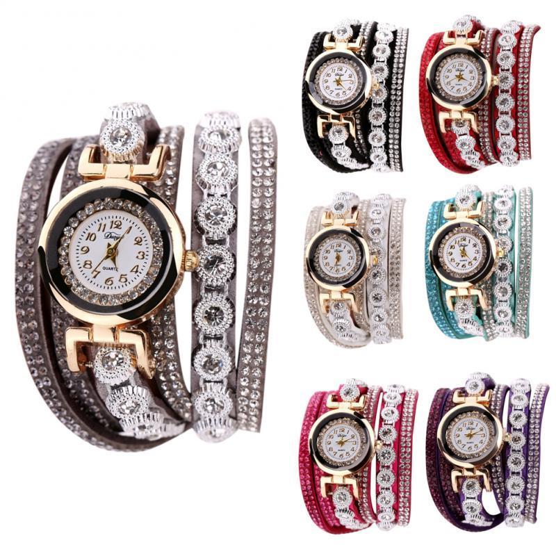 Leather Women Fashion Casual Decor Round Rhinestone Bracelet Watch