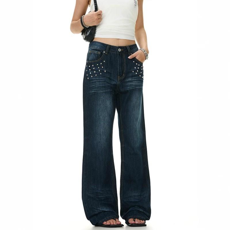Womens Plus Size Washed Denim Flared Jeans With Rivet Detail Straight Fit High Stretch Low Rise Long Pants