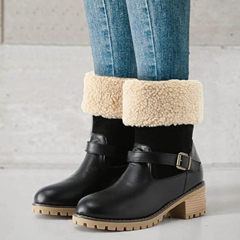 European and American Large-size Belt Buckle Short Snow Boots for Women's Autumn and Winter New Flanged Velvet Warm Thick-heeled Cotton Boots