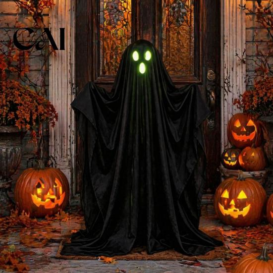 Front Porch Halloween Decor Light Up Ghost Decoration, Lighted Spooky with String Light, Foldable Decoration Standing Black for Outdoor Garden