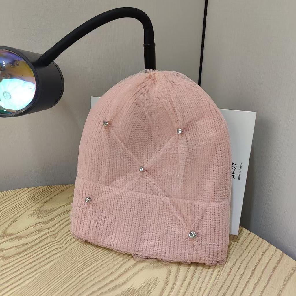 Новая Модная Сетчатая Теплая Шерстяная Шапка со Стразами для Женщин на Осень и Зиму, Утепленная Защита Ушей, Шапка от Холода для Головы, Корейская Версия, Вязаная Шапка Тренд