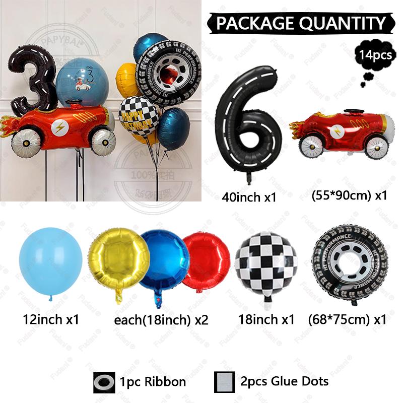 14pcs Red Racing Grid Flag Balloon Black Numbers 1-9 Birthday Balloon Set Racing Themed Party Decor Children's Birthday Supplies