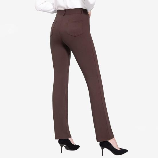 Women Office Pants Elastic High Waist Solid Color Trousers with Pockets Light Flared