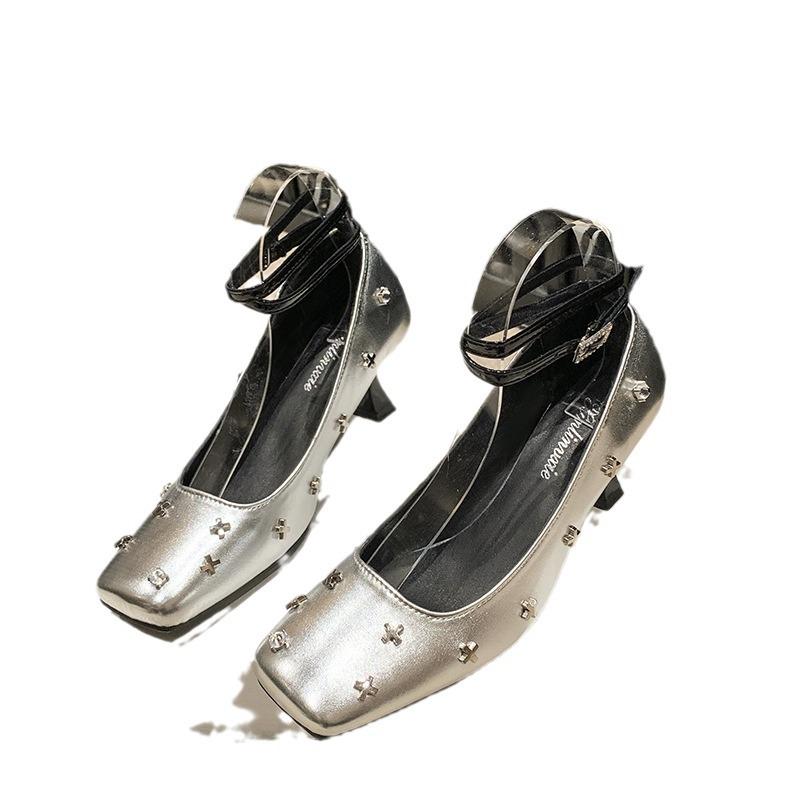 Премиальные французские ретро серебряные туфли Мэри Джейн маленькие кожаные туфли женские туфли с юбкой высокие каблуки легкие туфли с мочками