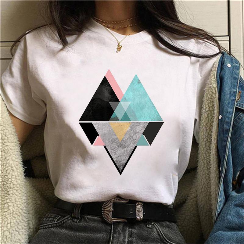 Women Beautiful Geometry Black Funny Print T Shirt Girl Cute Short Sleeve Harajuku 90S Clothes Drop