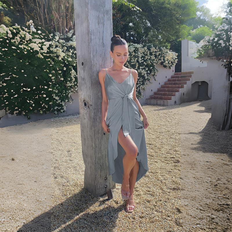 Женское однотонное платье длиной до щиколотки с открытой спиной и v-образным вырезом с высокой талией