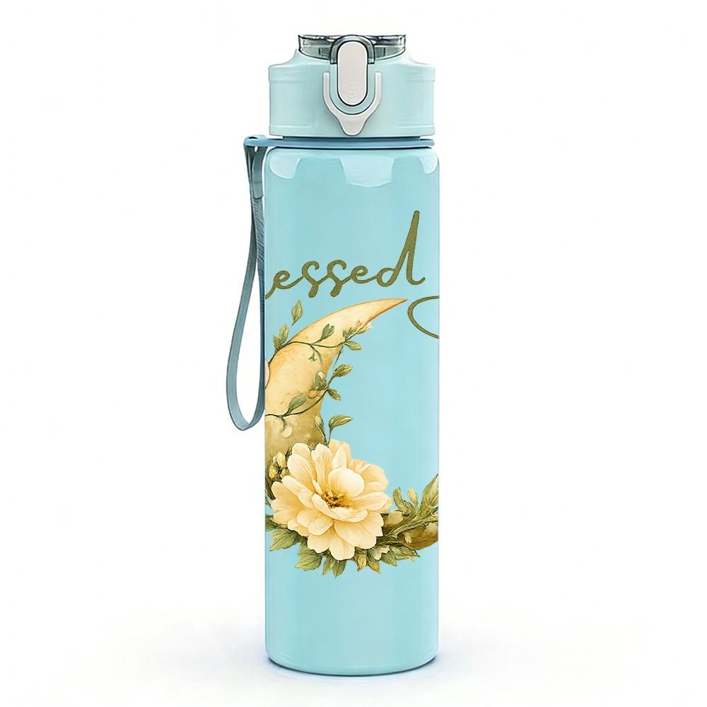 1PC Blessed Be Flower Wreath Quote Print 750ml Color Plastic Sports Water Bottle Leakproof Flip Straw Lid Suitable for Sports Office Home Use