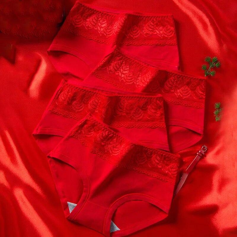 4Pcs Women's Panties Luck Red Underwear Cute Bow Girls Breathbale Cotton Briefs Size M-XXL