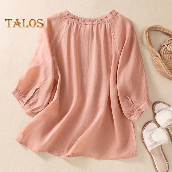 Летняя женская рубашка с V-образным вырезом и цветочной вышивкой, рукава три четверти, свободная однотонная ретро-мама, женская повседневная блузка среднего возраста