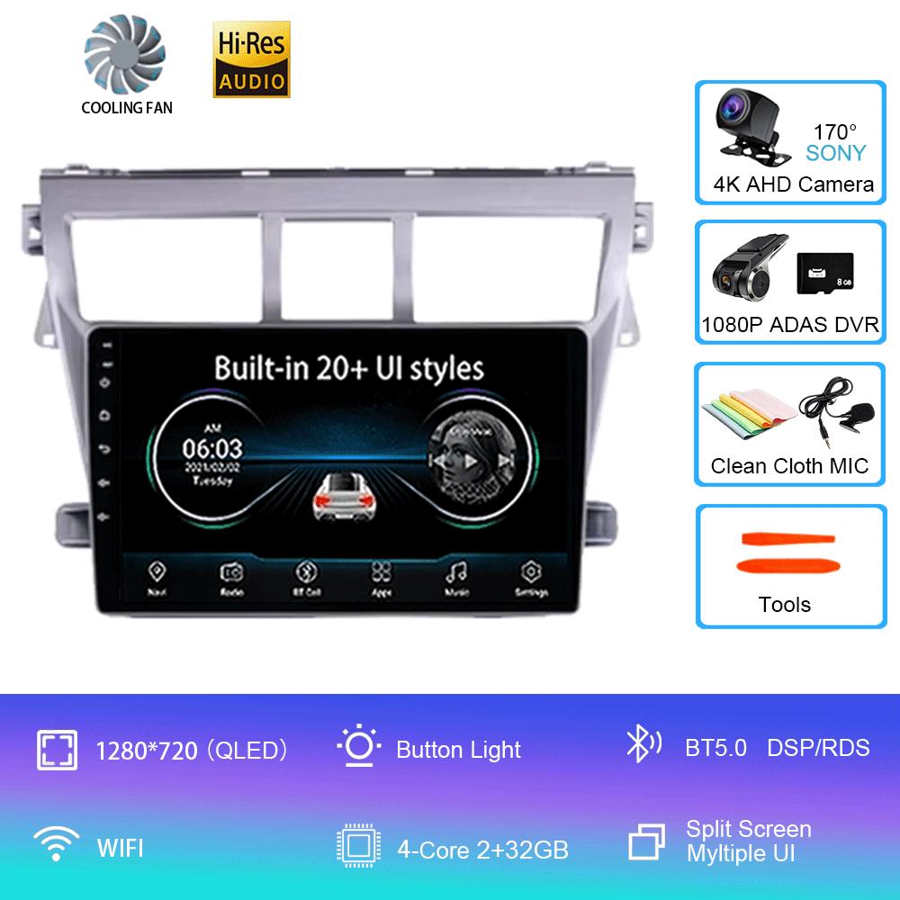 Для Toyota Vios Yaris 2007 2008 - 2012 9-дюймовый автомобильный стерео радио мультимедийный видеоплеер Android 14 Auto Carplay GPS навигация